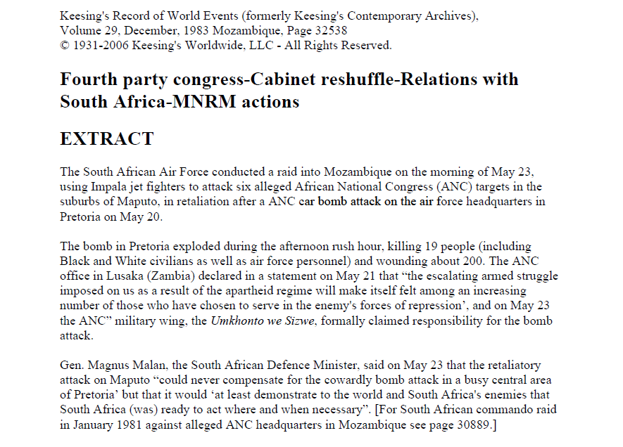 SA Air Force operation, 20 December 1983, Fourth party congress-Cabinet reshuffle-Relations with South Africa-MNRM actions, Keesing_s Record of World Events, Vol 29, December 1983 